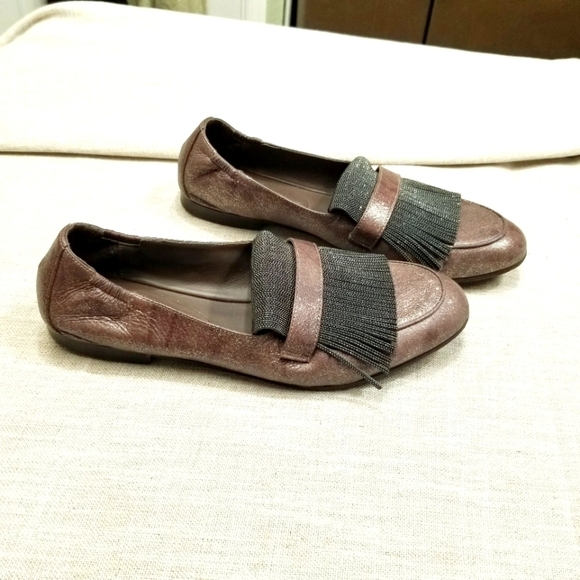 Brunelleschi Cucinelli Brown Glitter Shimmer Tassel Loafers Elastic Back 38 8‎ - Picture 1 of 16